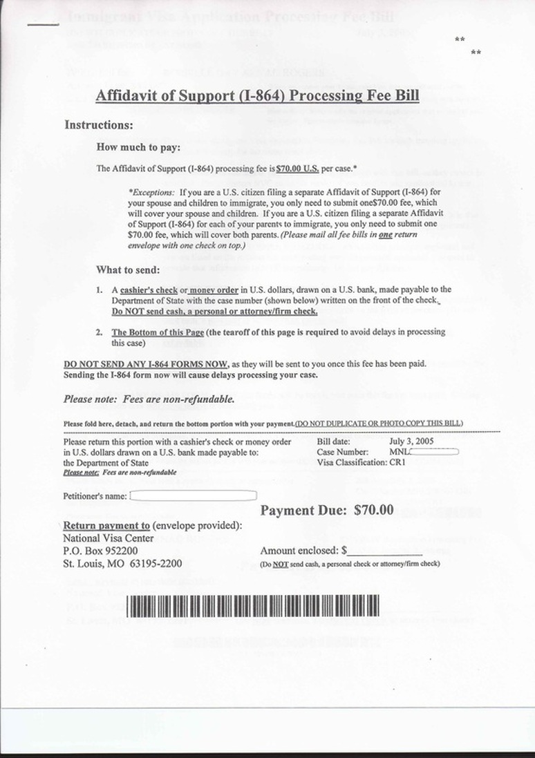 Affidavit of Support (I864) Processing Fee Bill Craig